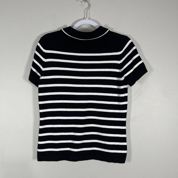 Liverpool Black White Striped Knit Polo Top‎ Womens Medium Short Sleeve Preppy - Picture 4 of 7